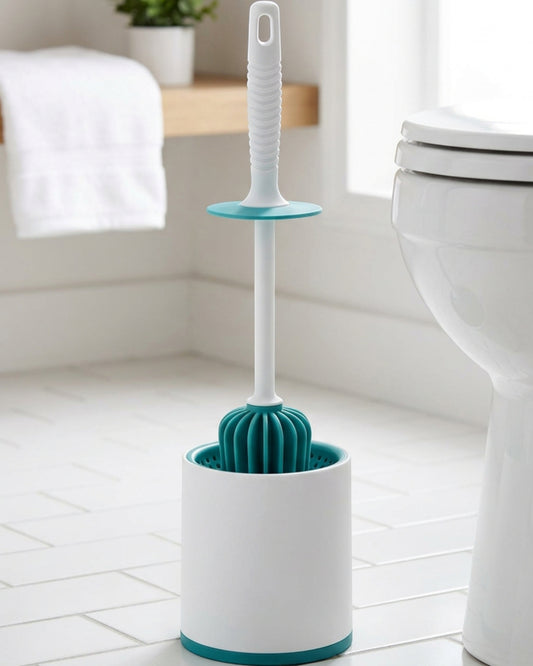 Netudio Round Silicone Toilet Brush with Cylindrical Holder White and Teal - Lifestyle view