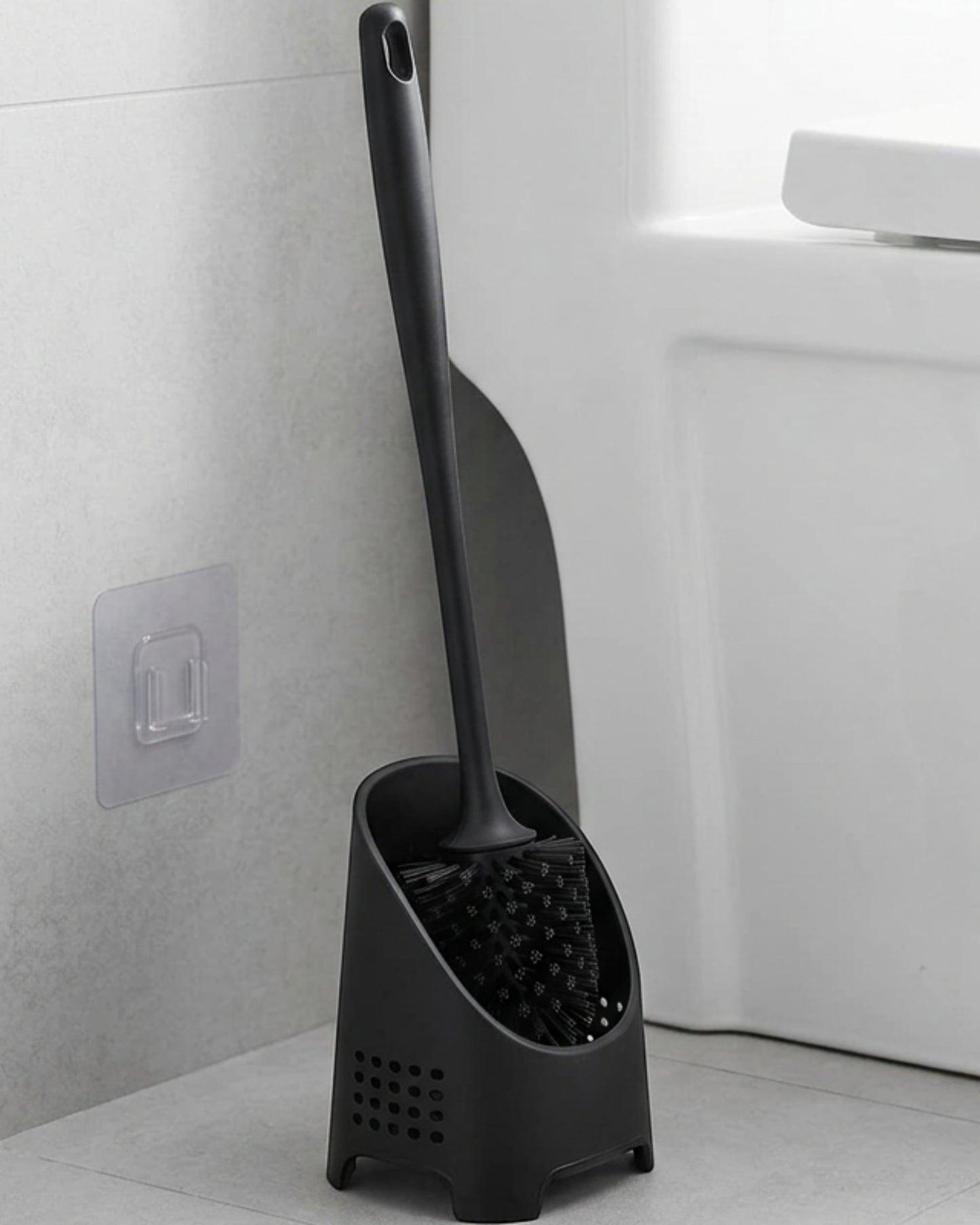Netudio Angled Silicone Toilet Brush with Floor and Wall Holder Black - Lifestyle view
