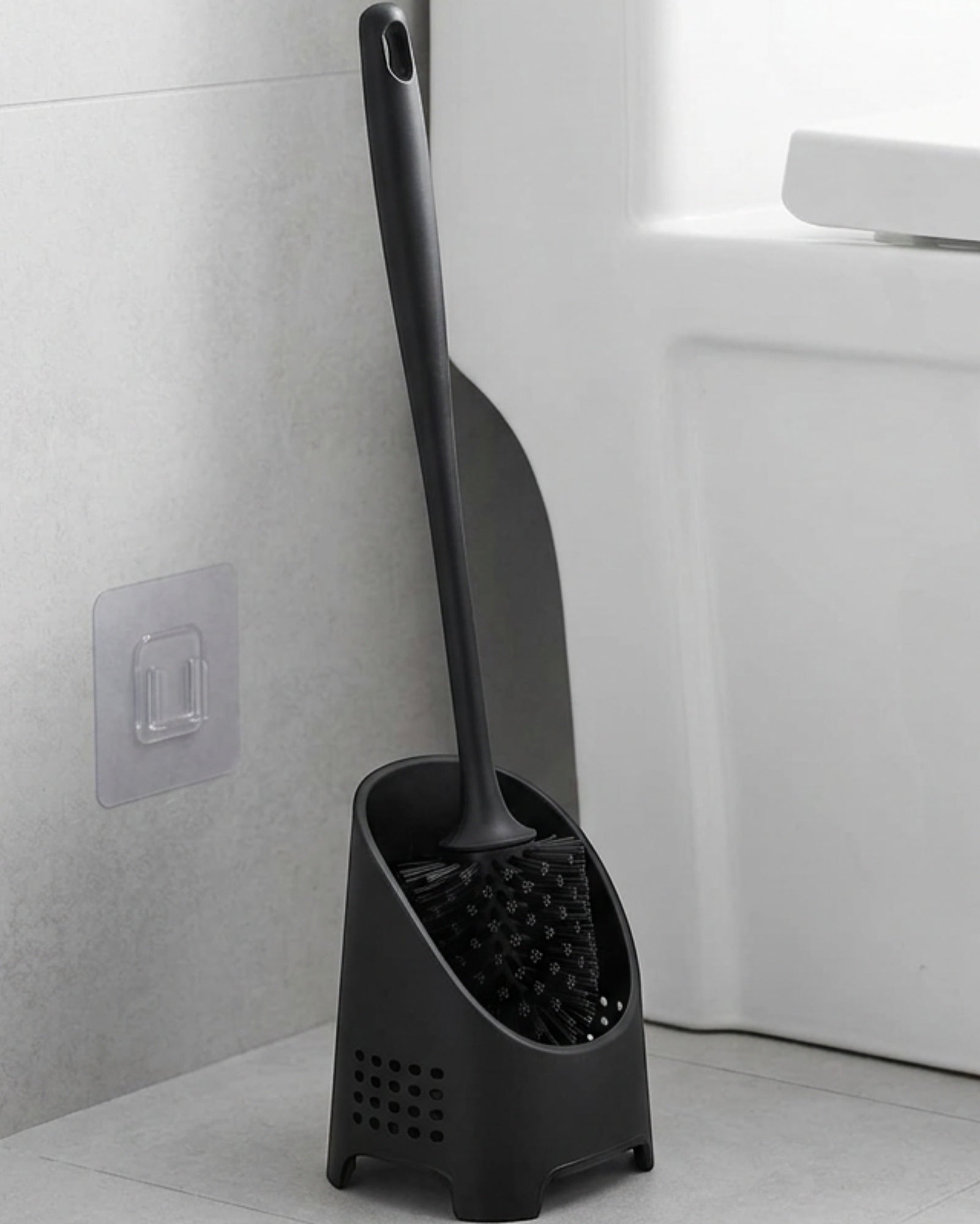 Netudio Angled Silicone Toilet Brush with Floor and Wall Holder Black - Lifestyle view