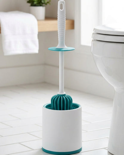 Netudio Round Silicone Toilet Brush with Cylindrical Holder White and Teal - Lifestyle view